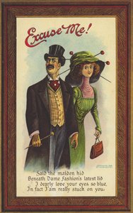 Pocztówka satyryczna na modę i niebezpieczeństwa związane z dużymi kapeluszami i długimi spinkami do włosów autorstwa American School